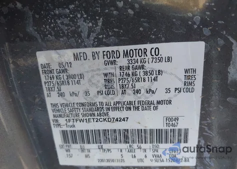 2012 Ford F-150 Xlt из США, поврежденный, VIN 1FTFW1ET2CKD74247